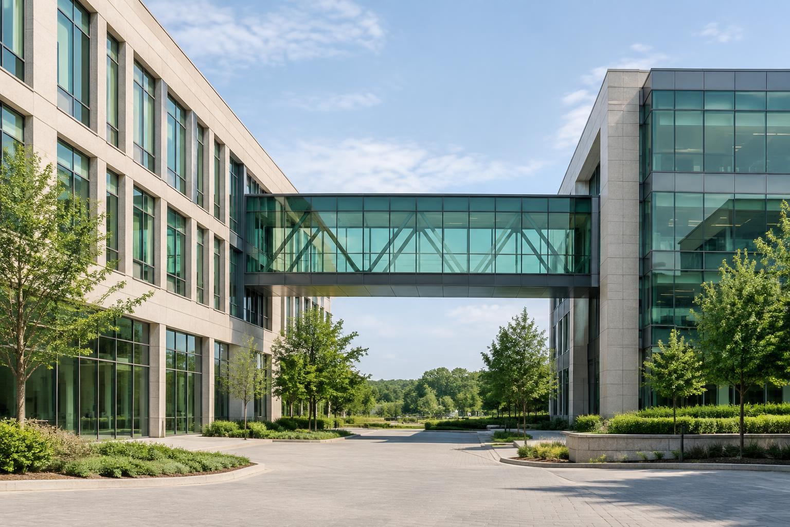Glass skybridge connecting two modern office buildings